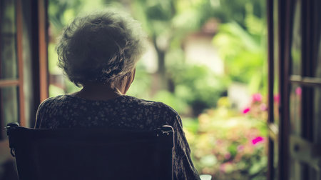 An elderly woman sits in a wheelchair, gazing at a vibrant garden filled with greenery and flowers.の素材