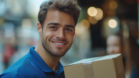 Young delivery person engages with the camera while holding a package on a bustling street.の素材