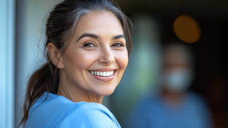 Woman with long hair smiles warmly while indoors, showcasing a friendly and inviting demeanor.の素材