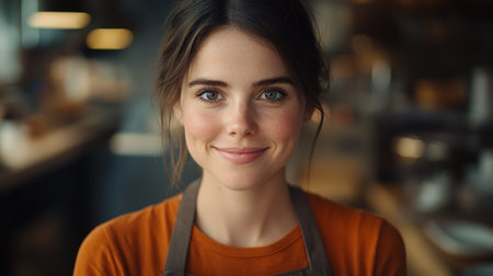 Young woman in an apron beams with happiness while brewing coffee in a busy cafe.の素材
