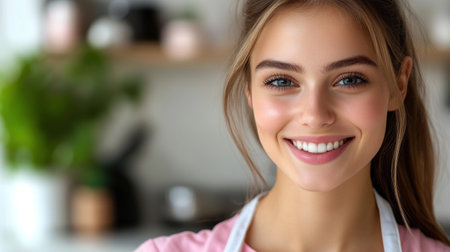 Young woman in an apron smiles in a warm kitchen filled with plants and utensils.の素材
