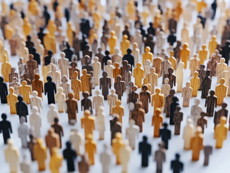 Colorful wooden figurines in different shapes highlight diversity and community on a white background.の素材