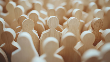 Various wooden figures are arranged closely, symbolizing community and interaction among people.の素材