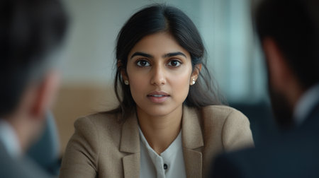 Woman in business attire engaged in a serious conversation with two colleagues in a conference room.の素材
