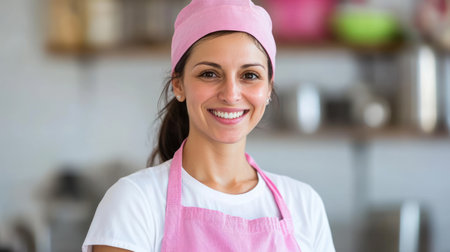 A cheerful chef stands in a well lit kitchen, showing her culinary skills with a bright smile.の素材