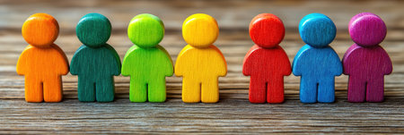 Brightly colored wooden figures arranged in a row, symbolizing unity and diversity among people.の素材
