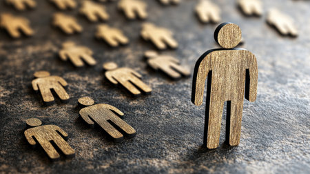 Wooden figures of various sizes depict the themes of individuality and community together.の素材