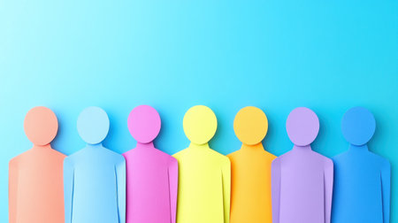 Colorful cutouts of people stand in a row against a bright blue background showing vibrant hues.の素材
