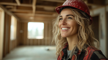 Woman with curly hair wearing a hard hat and plaid shirt enjoys her time at a construction site.の素材