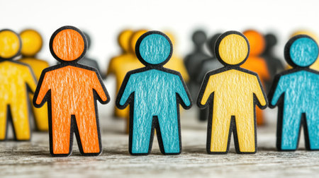 Colorful wooden figures stand together, symbolizing community and diversity in a creative arrangement.の素材