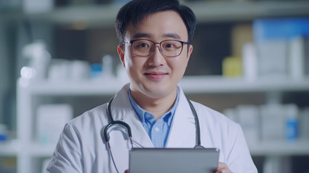 Person in white lab coat smiles while holding a tablet in a modern medical facility with shelvesの素材
