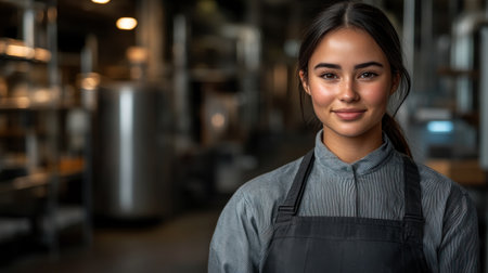 Chef stands proud in a bustling kitchen environment, showcasing culinary passion and skill.の素材