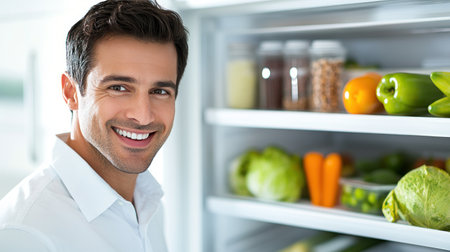 Man smiles while organizing a refrigerator filled with fruits, vegetables, and healthy snacks.の素材