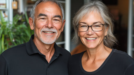 Happy couple smiles warmly at the camera in a welcoming indoor space filled with natural light.の素材