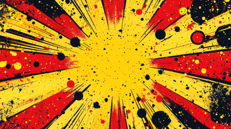 Colorful explosion of red, yellow, and black paint splatters on a bright background.の素材