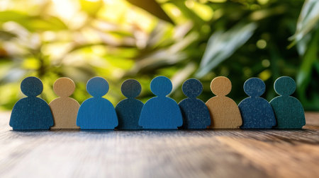 Wooden figures of varying colors lined up on a table, symbolizing diversity and community values.の素材