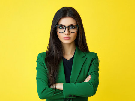 Young woman in green suit stands confidently with arms crossed, showing her poise and professionalism.の素材