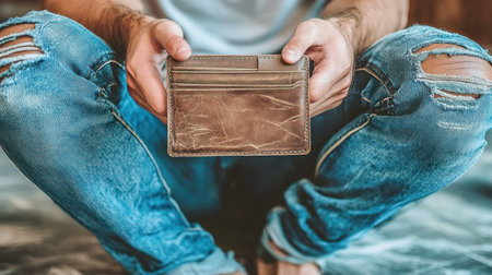 Casual moment of a man sitting on the floor and holding a brown wallet with a relaxed posture.の素材
