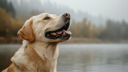 A joyful yellow lab gazes at the misty lake surrounded by autumn trees in the early morning light.の素材