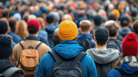 A diverse group of individuals wearing bright hats gathers outdoors, enjoying a sunny day in the city.の素材