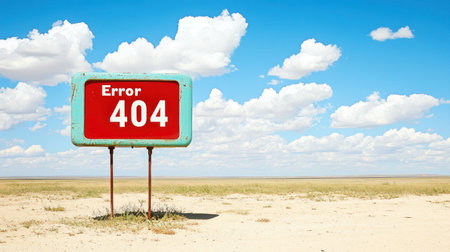 A bright red error 404 sign is displayed in a wide, empty desert landscape filled with clouds.の素材