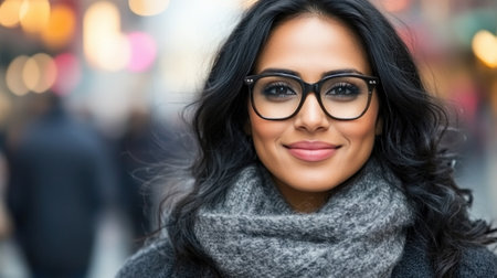 Woman with long dark hair and glasses smiles warmly while standing in a busy urban area.の素材