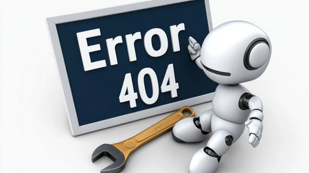 A small robot points at an error 404 sign while holding a wrench, indicating a technical issue.の素材