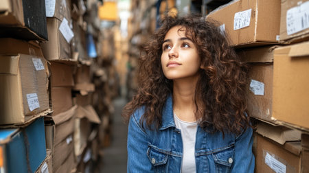 A woman with curly hair sits pensively amid cardboard boxes in a dimly lit storage room.の素材
