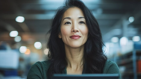 Professional woman with long black hair smiles while sitting at her desk in a bright office.の素材
