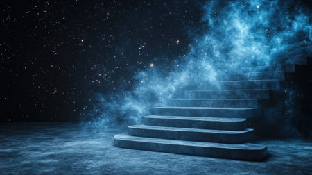 A staircase ascends into a starry sky surrounded by ethereal clouds and cosmic energy.の素材