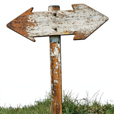 A rustic wooden sign stands in a grassy area, featuring two arrows pointing in opposite directions.の素材