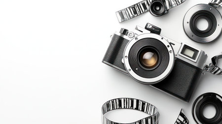 A vintage camera and film reels are artistically displayed on a bright, clean surface.の素材