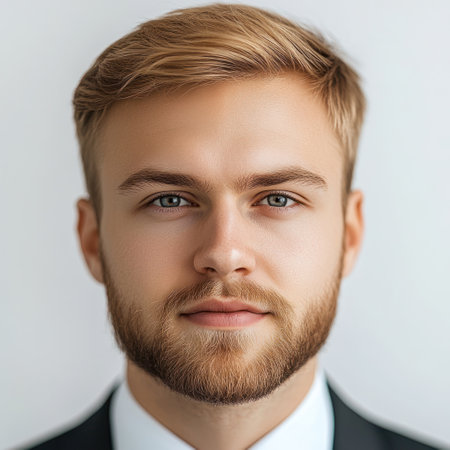 A young man with a beard poses confidently in a well fitted suit, showing a professional demeanor.の素材