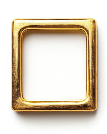 A decorative gold square frame is showcased on a smooth white surface reflecting simplicity and elegance.の素材