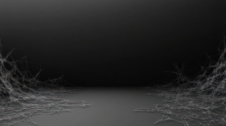 A dark scene has web like structures across a flat surface, creating a spooky vibe.の素材