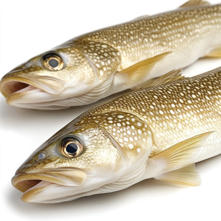 Two fresh trout are arranged closely together, showing their shiny scales and unique pattern.の素材
