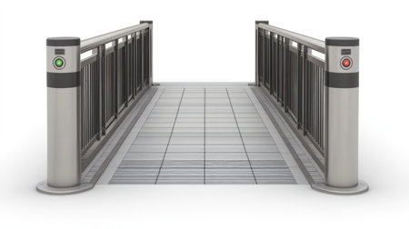 Pedestrian bridge features bright safety signals, providing a secure crossing between city locations.の素材