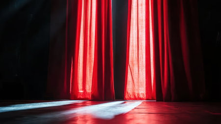 Red curtains stand slightly open in a theater, allowing light to create an inviting and dramatic ambiance.の素材