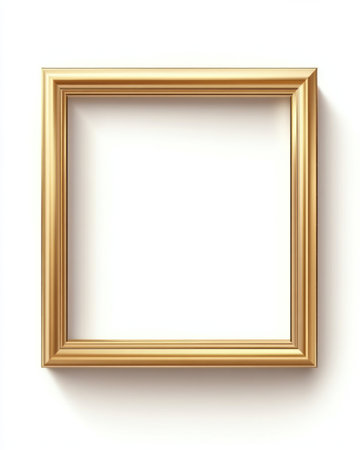 Empty gold frame positioned against a white backdrop, waiting for an artwork placement in an art gallery.の素材