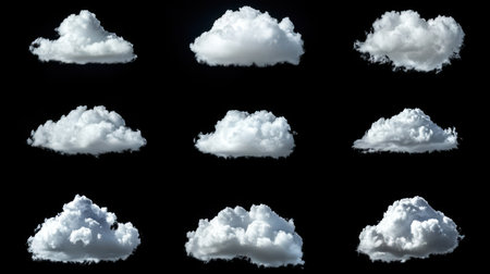 Different fluffy cloud formations float above a dark background creating unique textures and patterns.の素材