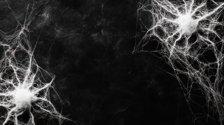Intricate cobwebs stretch across a dark backdrop, evoking a spooky feeling for Halloween.の素材