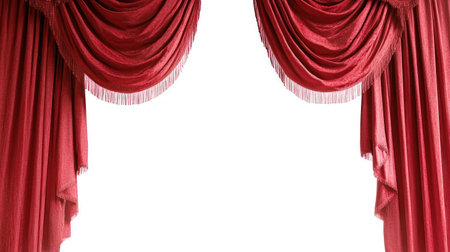 Red velvet curtains drape elegantly, framing an empty stage, set for an upcoming theatrical performance.の素材