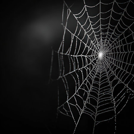 Delicate spider web is adorned with shimmering droplets reflecting light in the early morning.の素材