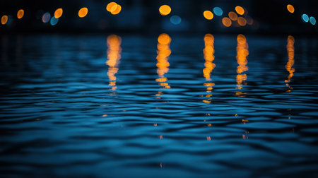 Soft ripples on the water mirror glowing lights from nearby structures, enhancing the peaceful ambiance.の素材