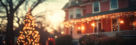 Warm lights adorn a cozy house, creating a festive atmosphere next to a decorated Christmas tree.の素材