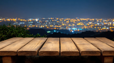 A wooden table sits empty while city lights sparkle in the distance under a night sky.の素材