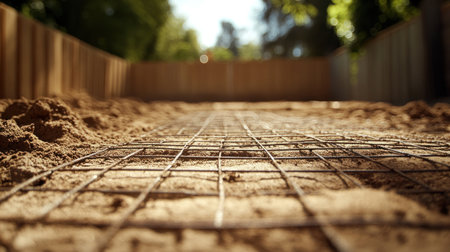 Wire mesh is set on sandy ground as a foundation for construction in a backyard under sunlight.の素材