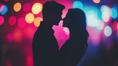 A couple stands close together, gently touching foreheads amidst vibrant city lights at night.の素材