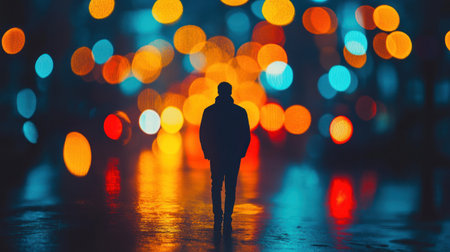 A person strolls through a vibrant city street illuminated by colorful lights during the nighttime hours.の素材