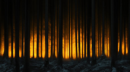 A vibrant orange glow emerges through a dark forest, creating a striking contrast as night falls.の素材